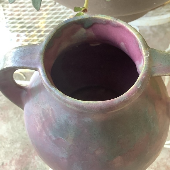 Vintage Greenish Gray Pink Glazed Two Handle Pottery Vase - Picture 2 of 8
